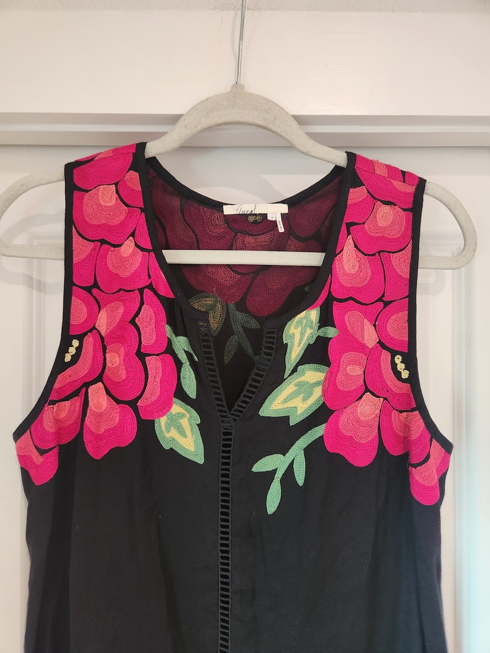Floreat For Anthropologie Black Tank with Pink Floral Appliqué Embroidery - Picture 3 of 5